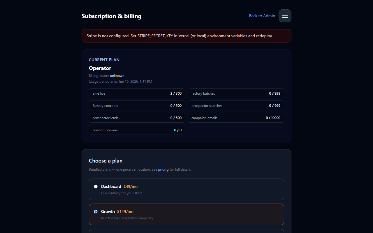 Subscription and billing page