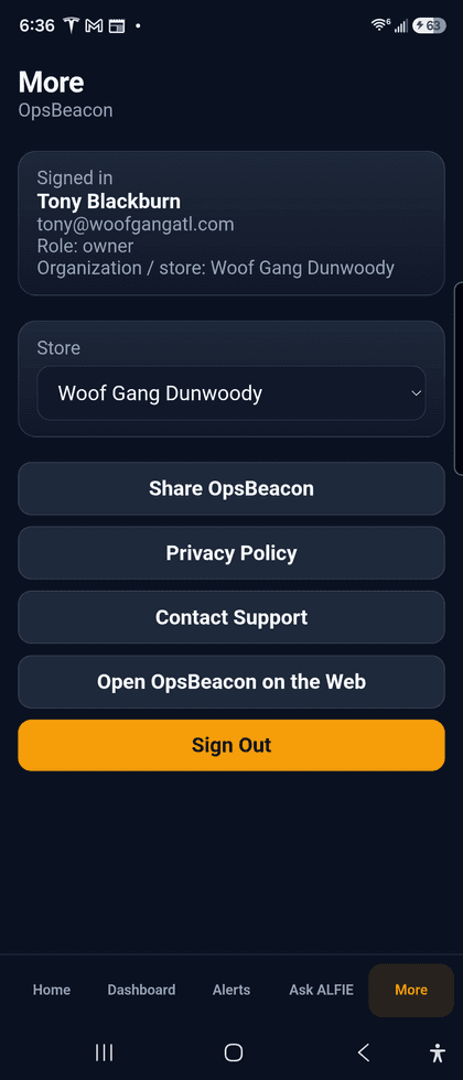 OpsBeacon mobile More menu