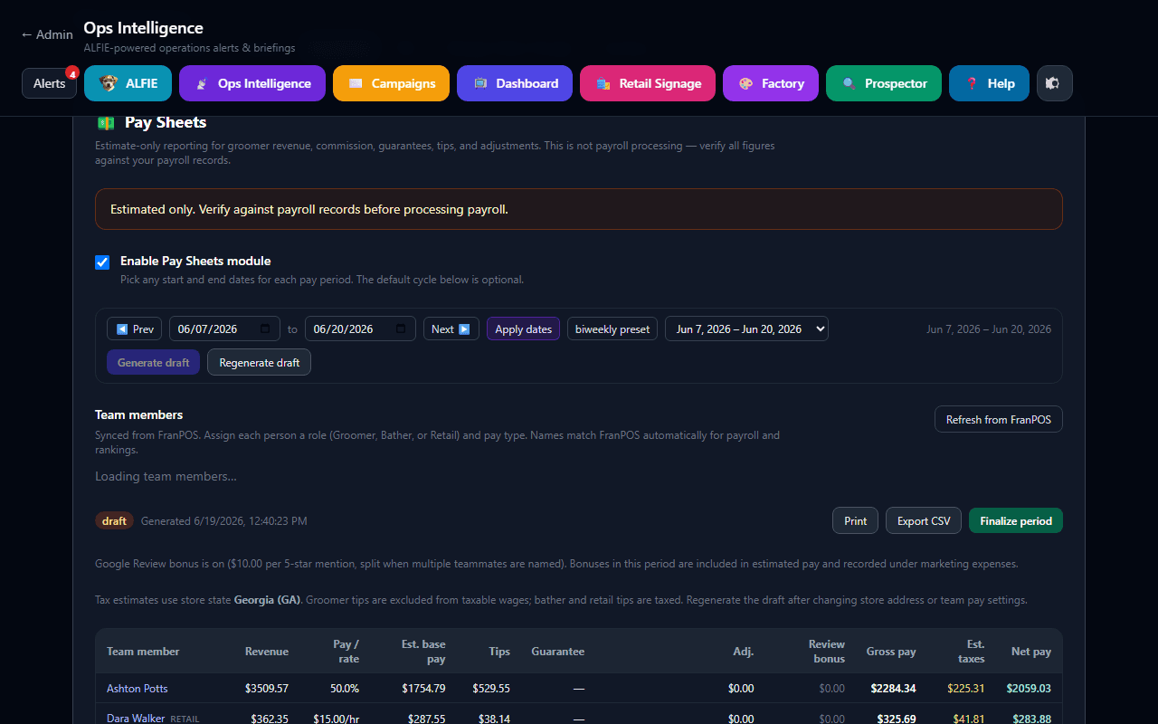 Ops Intelligence Pay Sheets tab